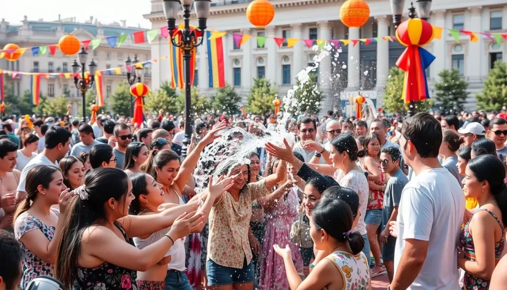 Generate an image of people celebrating Vardavar, throwing water at each other in Yerevan's Republic Square.