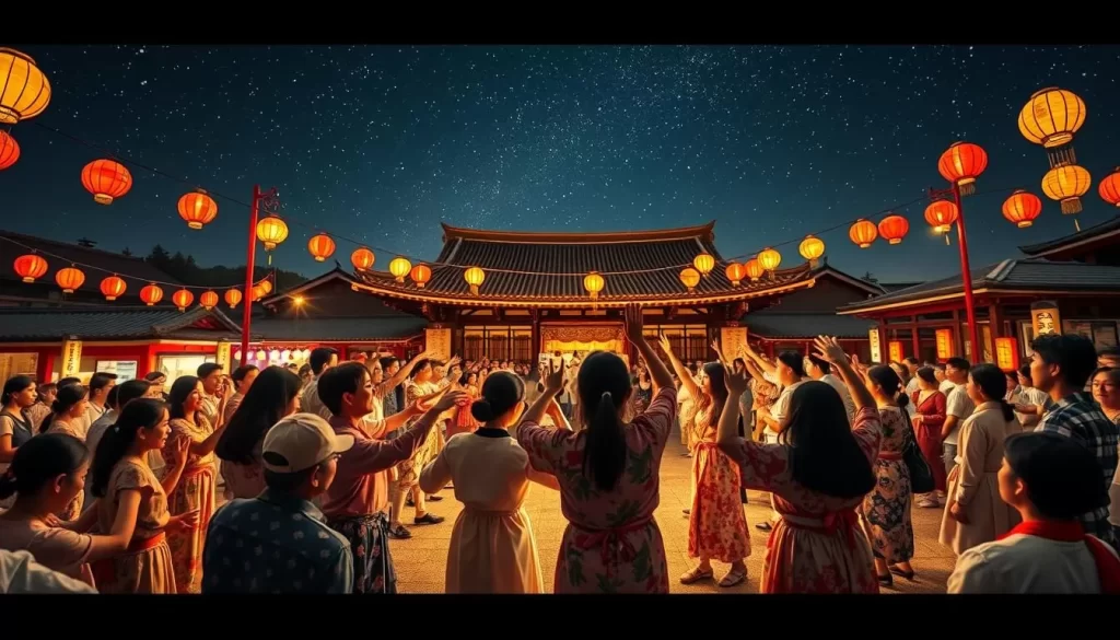 Generate an image of people dancing in a circle during the Gujo Odori festival.