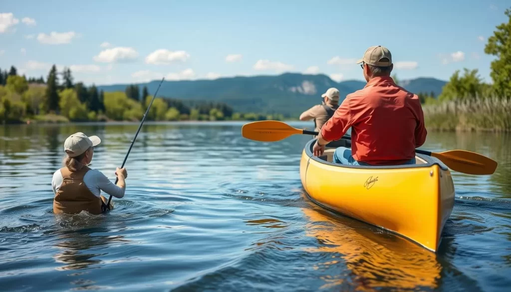 Generate an image of people fishing, canoeing, or kayaking on the lakes and rivers around Swan River.