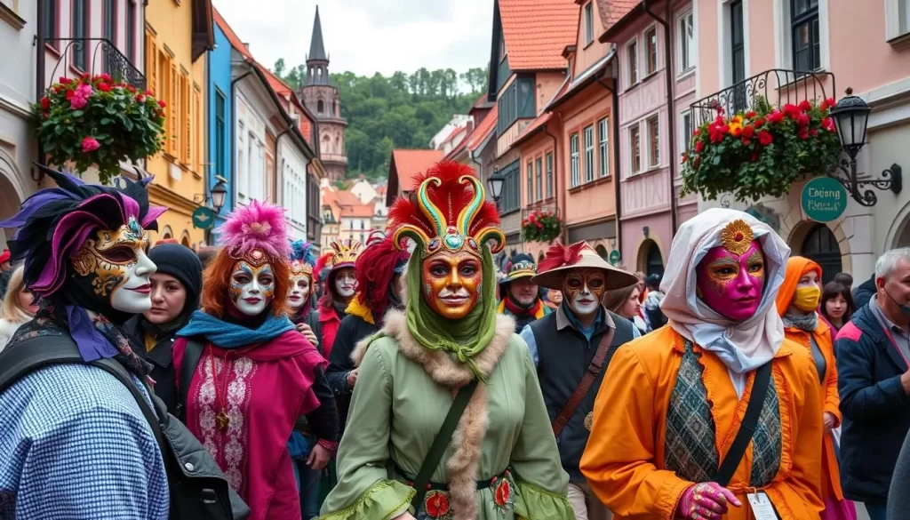 Generate an image of people in colorful masks parading through a Czech town.