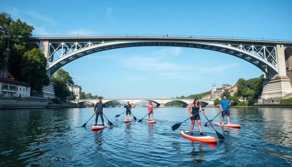 Generate an image of people stand-up paddleboarding on the Ljubljanica River, gliding under the bridges.