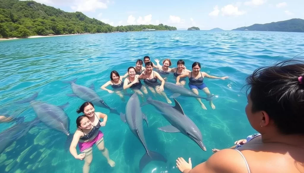 Generate an image of people swimming with dolphins in the waters of Ogasawara National Park.