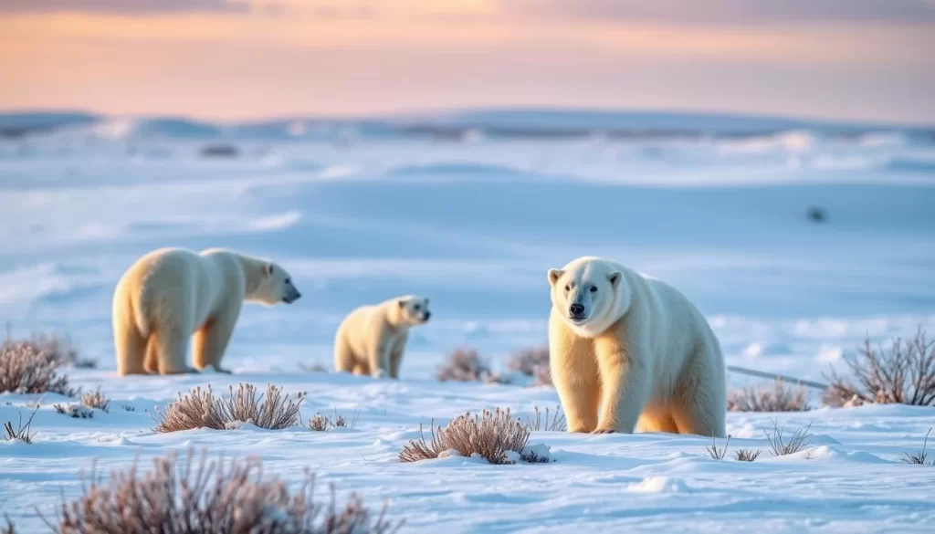 Generate an image of polar bears in their natural habitat at Cape Churchill, Wapusk National Park.