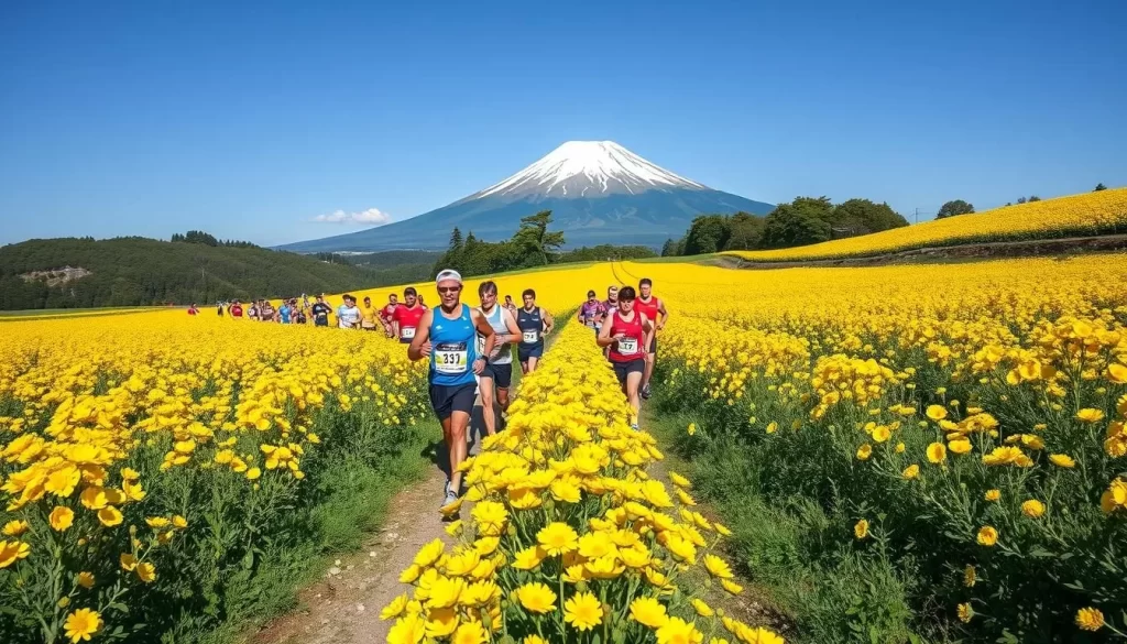 Generate an image of runners participating in the Ibusuki Nanohana Marathon, surrounded by bright yellow nanohana flowers against the backdrop of Mount Kaimon.