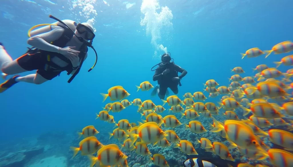 Generate an image of scuba divers surrounded by a school of fish in the waters of Ogasawara.