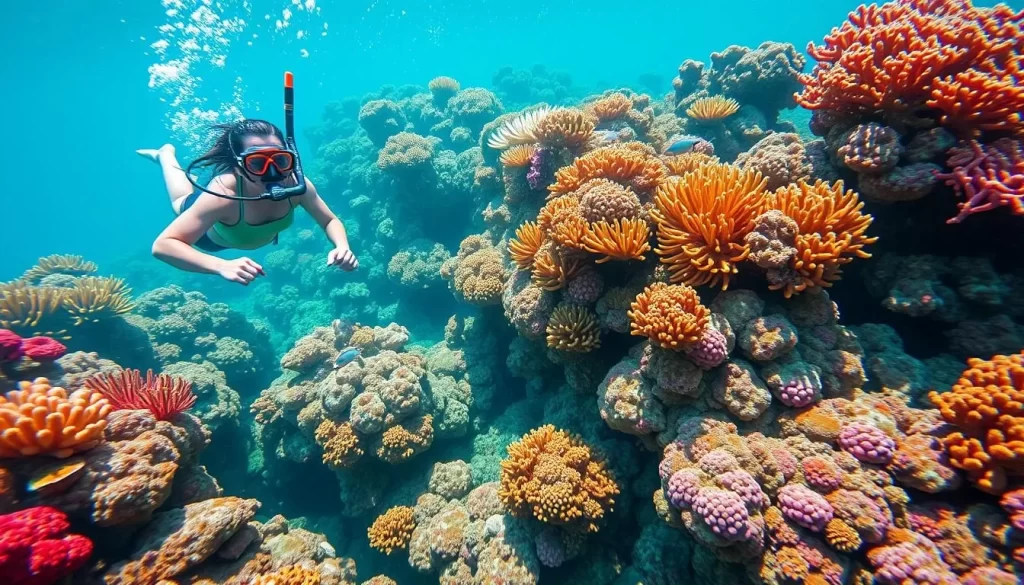 Generate an image of snorkelers exploring the vibrant coral reefs of Ogasawara National Park.