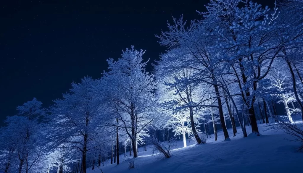Generate an image of snow-covered trees on Mt. Zao, illuminated at night, creating an enchanting forest atmosphere.