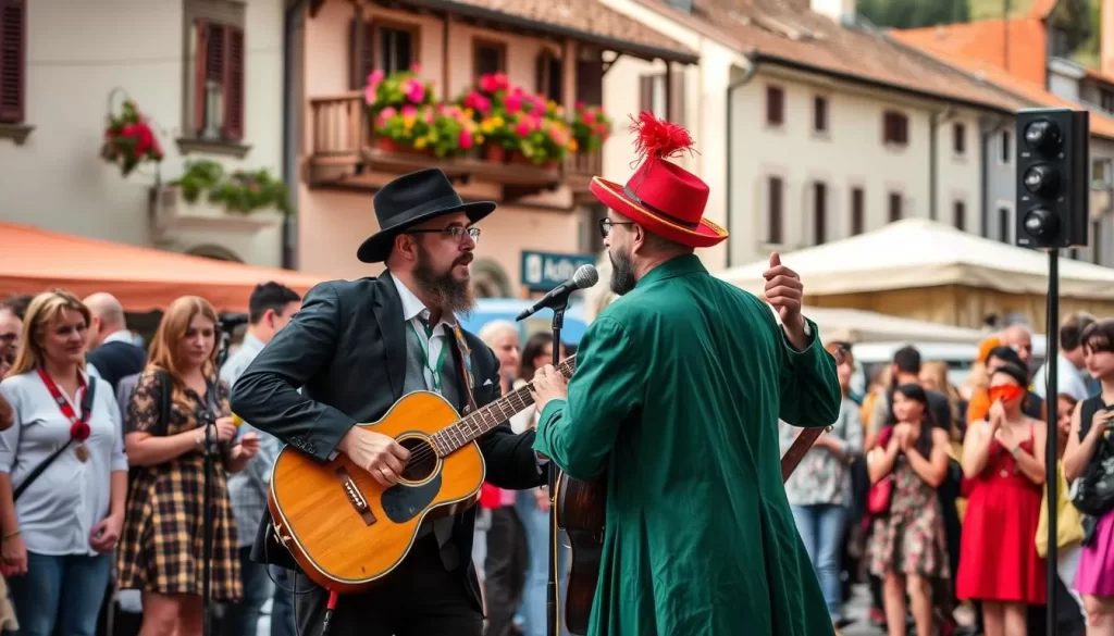 Generate an image of street performers at the Ana Desetnica festival in a Slovenian town.