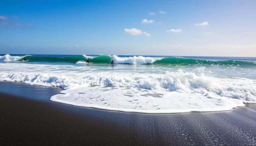 Generate an image of surfers riding waves on the black sand beach of El Tunco.