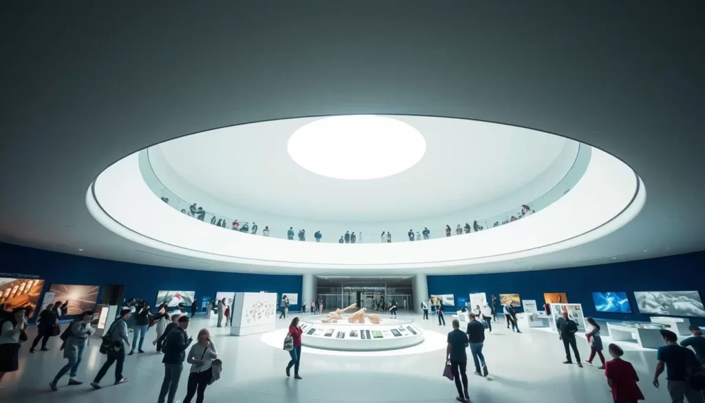 Generate an image of the 21st Century Museum of Contemporary Art's distinctive circular architecture with visitors engaging with the exhibits.