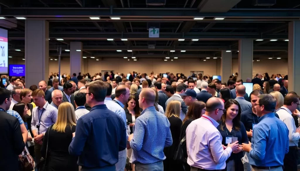 Generate an image of the 49° x110° Conference attendees networking.