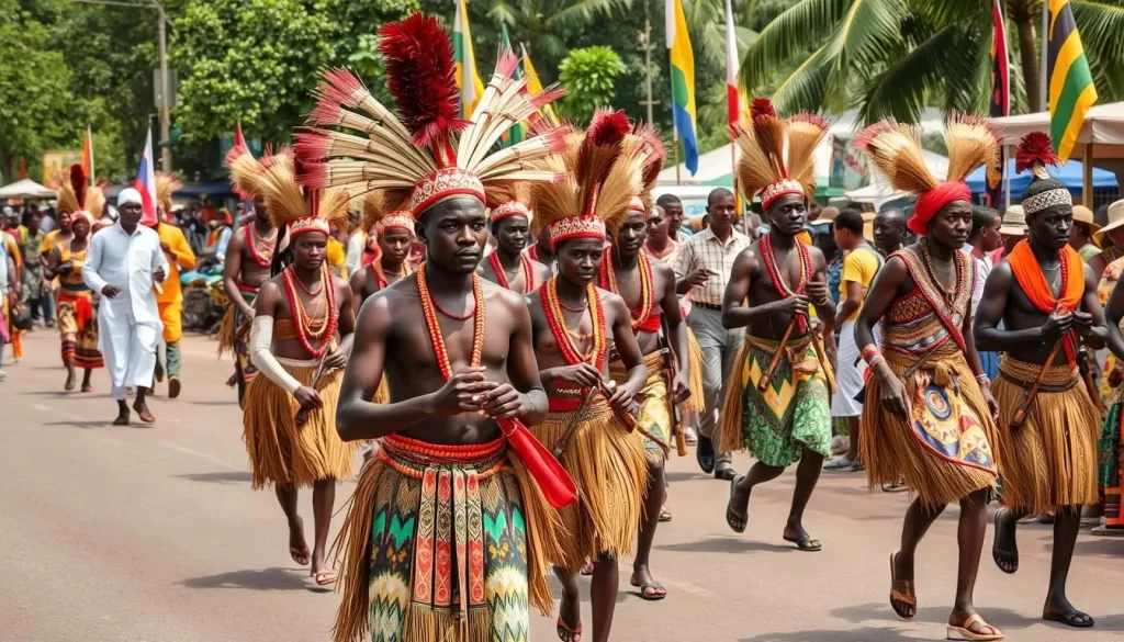 Generate an image of the Aboakyer Festival in Winneba, Ghana, showcasing the vibrant parade and traditional hunting skills.