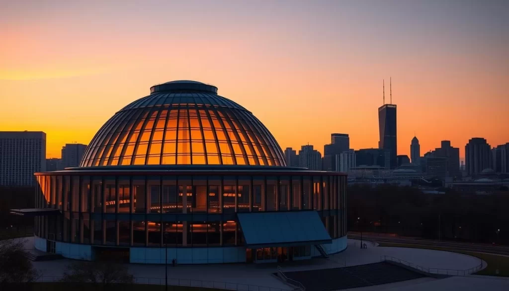 Generate an image of the Adler Planetarium's exterior at sunset with the Chicago skyline in the background.