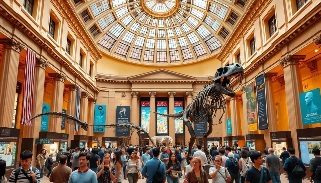 Generate an image of the American Museum of Natural History's main hall with visitors.