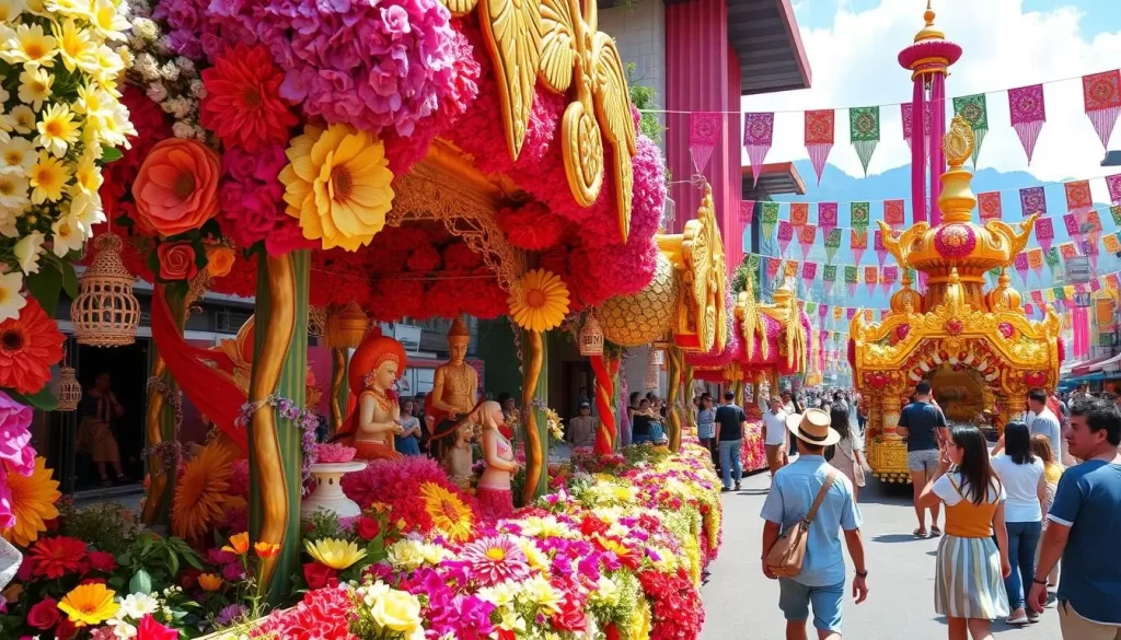 Generate an image of the Anthestiria Flower Festival with streets adorned with floral displays and decorated floats.