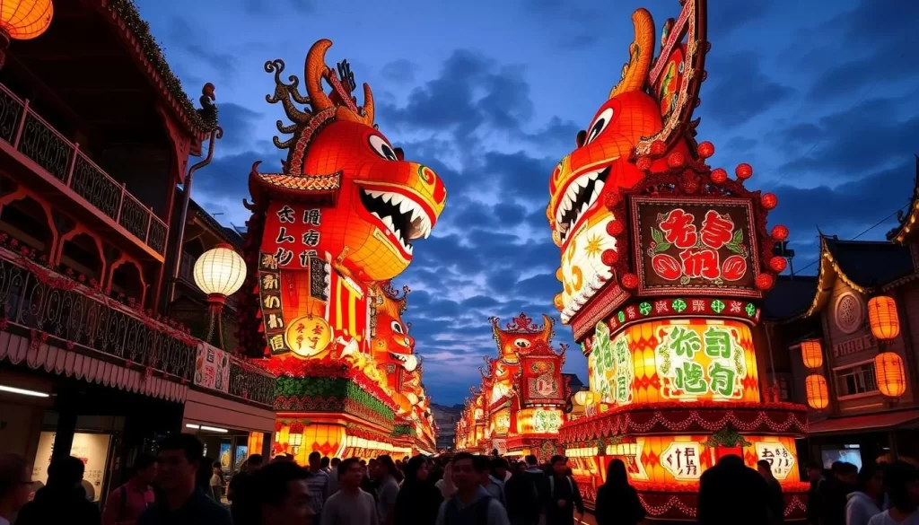 Generate an image of the Aomori Nebuta Festival with large nebuta lantern floats lit up in the evening.