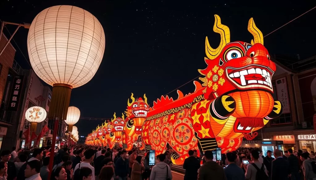 Generate an image of the Aomori Nebuta Matsuri festival with giant lantern floats parading through the streets of Aomori City.