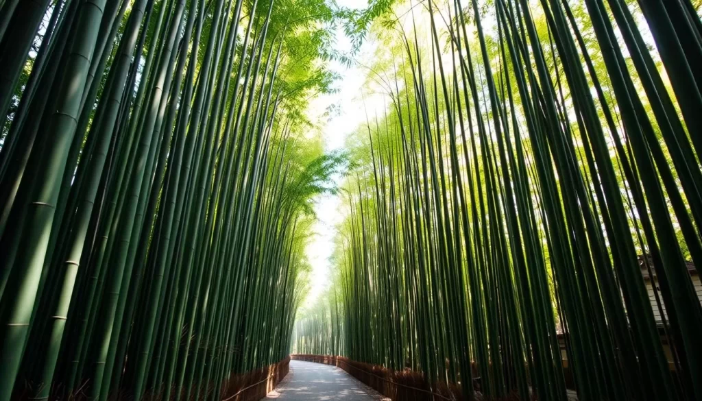 Generate an image of the Arashiyama Bamboo Grove with a serene pathway surrounded by towering bamboo stalks.