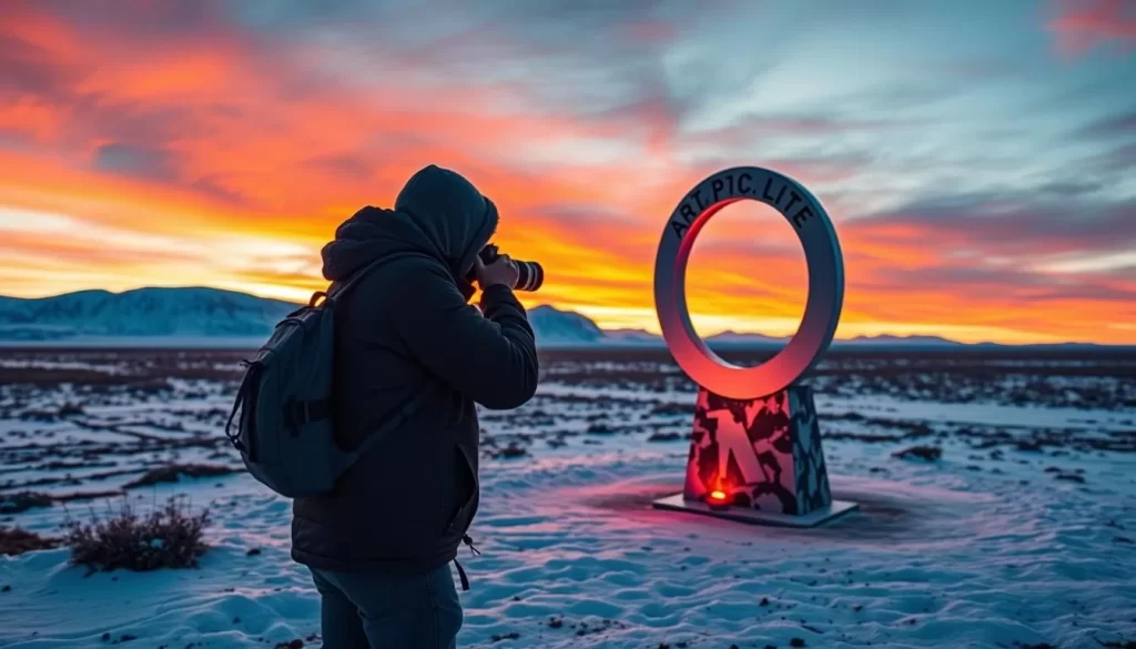 Generate an image of the Arctic Circle Monument in Naujaat, Nunavut, with a photographer capturing the moment.