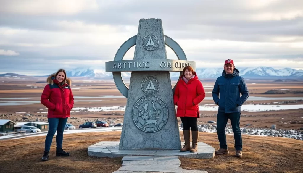 Generate an image of the Arctic Circle Monument in Naujaat, Nunavut, with a visitor standing on either side of the monument.