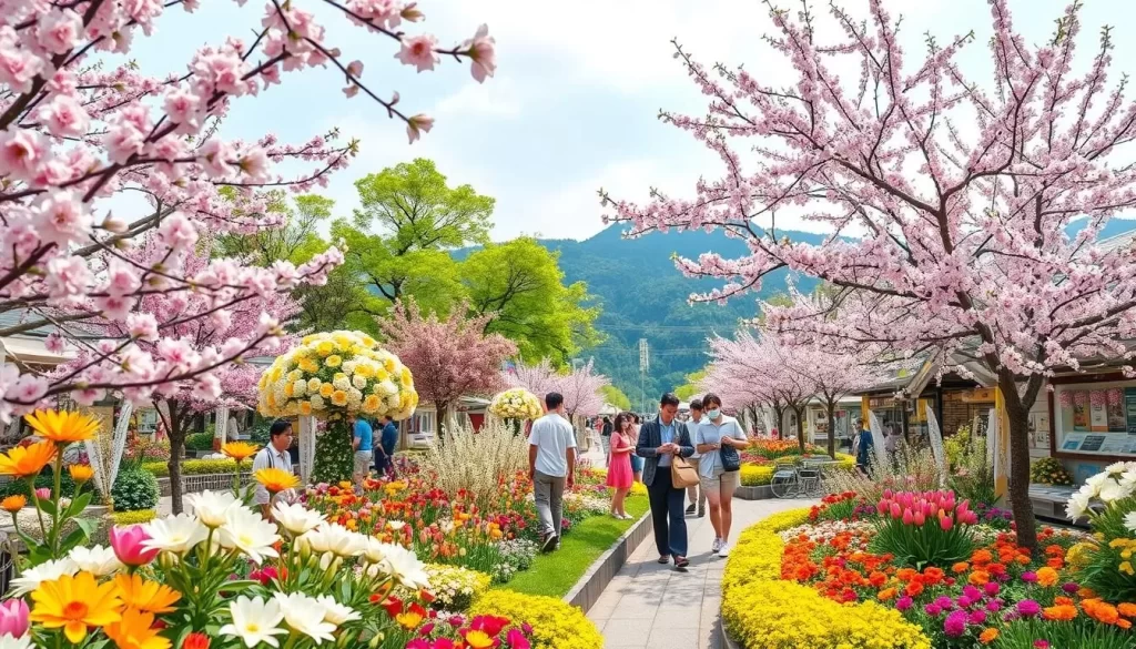 Generate an image of the Ashikaga Flower Festival with vibrant flowers in full bloom.