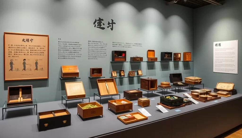 Generate an image of the Asukayama Museum's exhibit on historical bento lunch boxes.