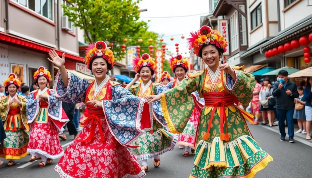 Generate an image of the Awa Odori Dance Festival with dancers in traditional costumes performing in the streets of Tokushima City.