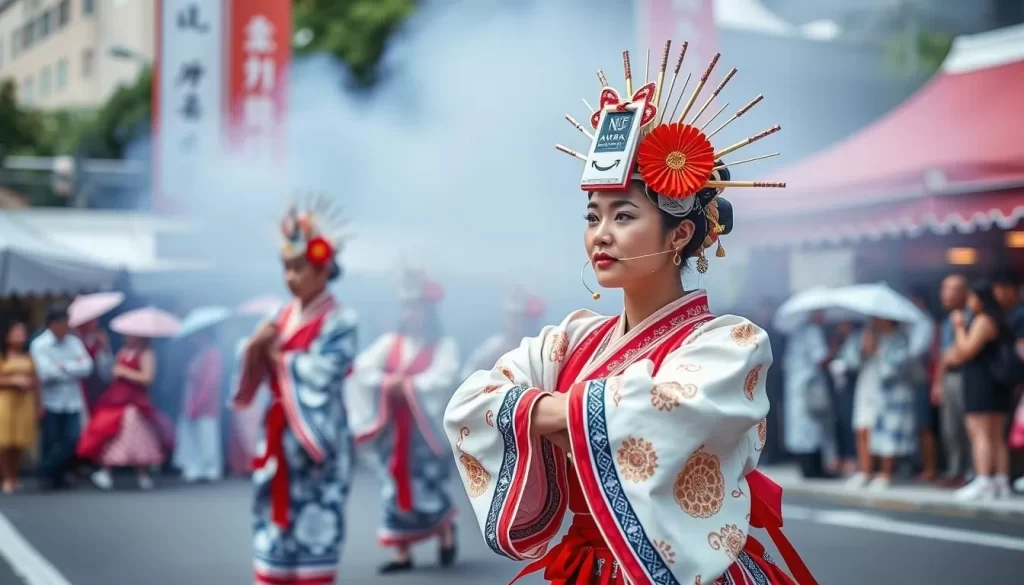 Generate an image of the Awa Odori Festival in Tokushima, Japan, showcasing vibrant dance performances and traditional costumes.