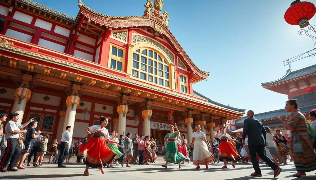 Generate an image of the Awa Odori Kaikan building with performers dancing in the foreground.