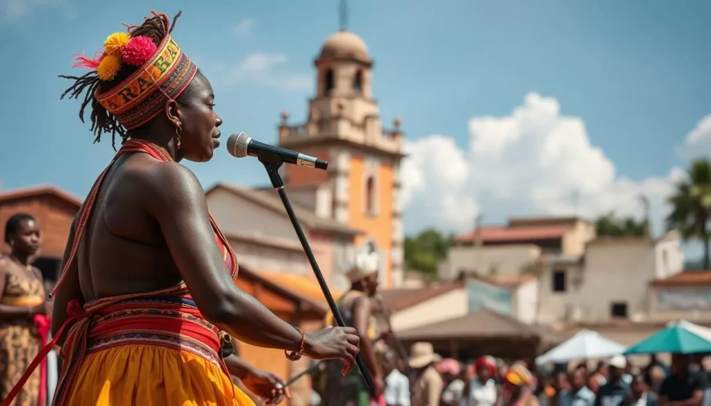 Generate an image of the Bagamoyo Arts Festival, showing a performance or art exhibition in the historic town.