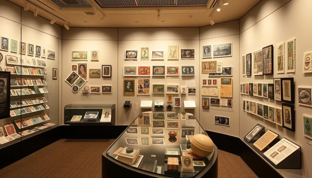 Generate an image of the Banknote and Postage Stamp Museum's exhibit on rare stamps.