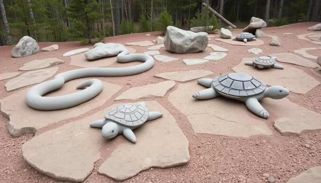Generate an image of the Bannock Point Petroforms in Whiteshell Provincial Park, showcasing the Aboriginal sacred stone markers arranged in the shapes of snakes and turtles.