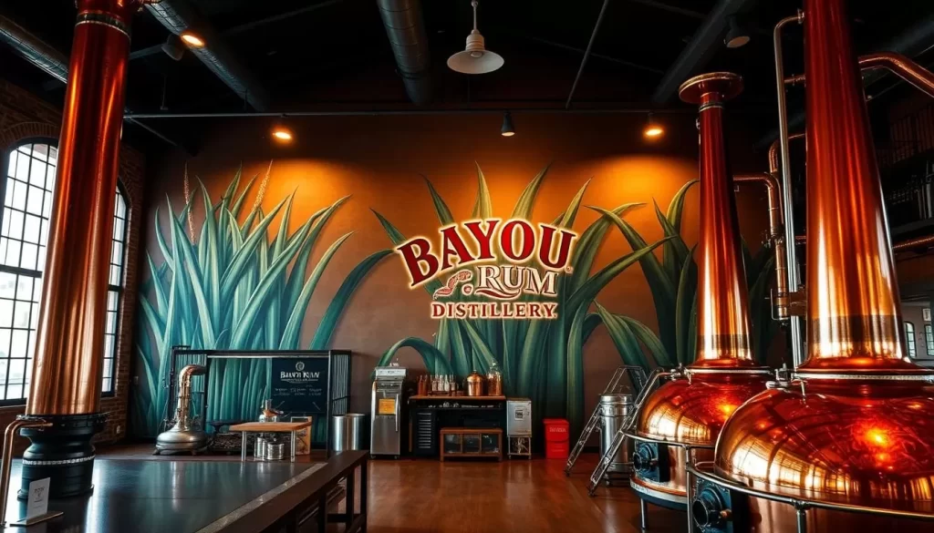 Generate an image of the Bayou Rum Distillery's interior, showcasing its copper pot stills and large sugar cane picture on the wall.