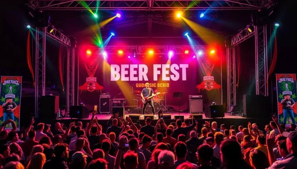 Generate an image of the Beer Fest Prilep's main stage with a live band performing.