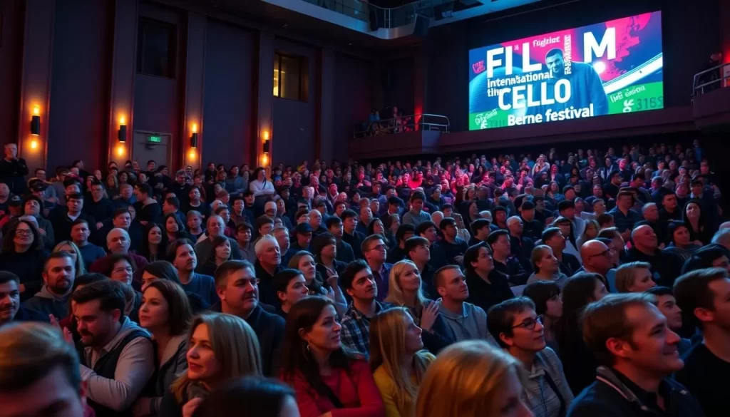 Generate an image of the Bergen International Film Festival venue with a crowd of people watching a film.