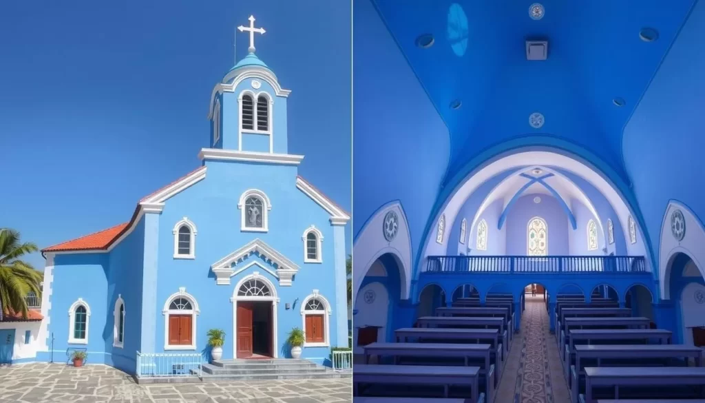 Generate an image of the Blue Church's exterior and interior.