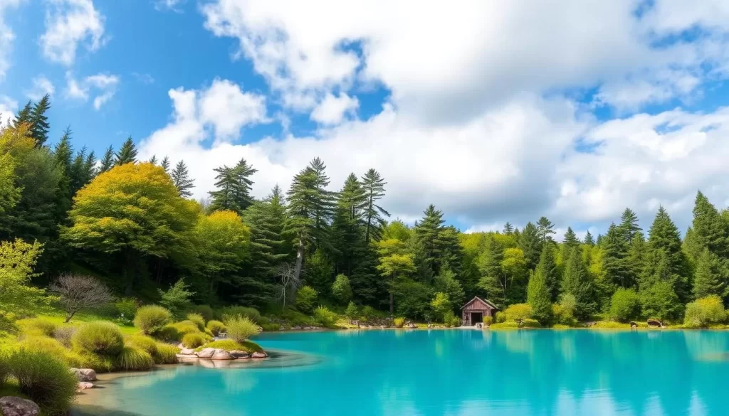 Generate an image of the Blue Pond in Biei, Hokkaido, showcasing its surreal blue waters and surrounding landscape.