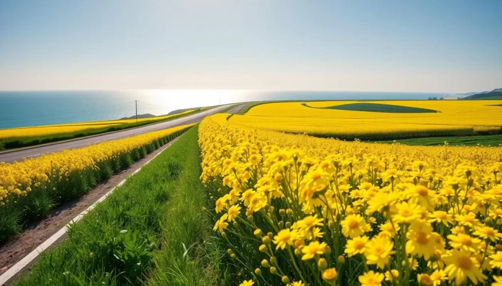 Generate an image of the Boso Flower Line with bright yellow rape flowers along the highway and the sea in the background.