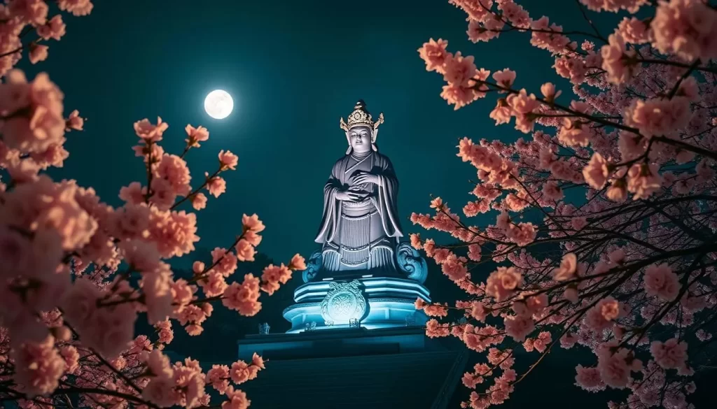 Generate an image of the Byakue Dai-Kannon statue surrounded by blooming cherry blossoms at night.