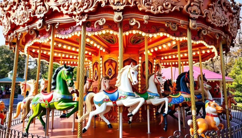 Generate an image of the C.W. Parker Carousel with its intricately carved horses and animals.