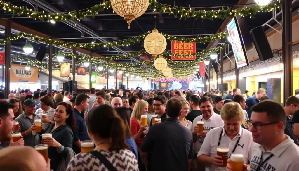 Generate an image of the Calgary International Beerfest scene with attendees enjoying various beers and live entertainment.