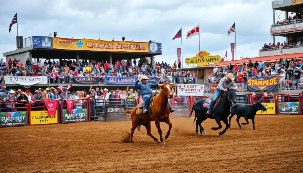 Generate an image of the Calgary Stampede rodeo event with cowboys riding bulls and spectators cheering.