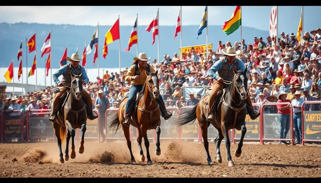 Generate an image of the Calgary Stampede rodeo event with cowboys riding horses and spectators cheering.