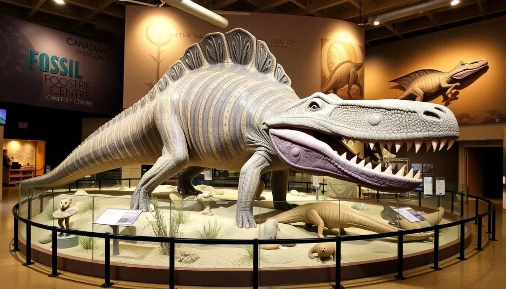 Generate an image of the Canadian Fossil Discovery Centre in Morden, Manitoba, featuring "Bruce" the mosasaur.
