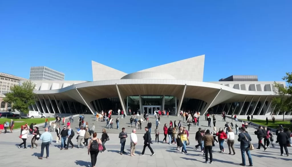 Generate an image of the Canadian Museum for Human Rights with its unique architecture and a crowd of visitors.