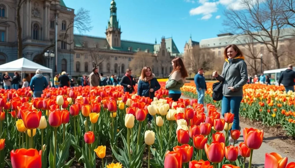 Generate an image of the Canadian Tulip Festival in Ottawa with blooming tulips and visitors enjoying the scenery.