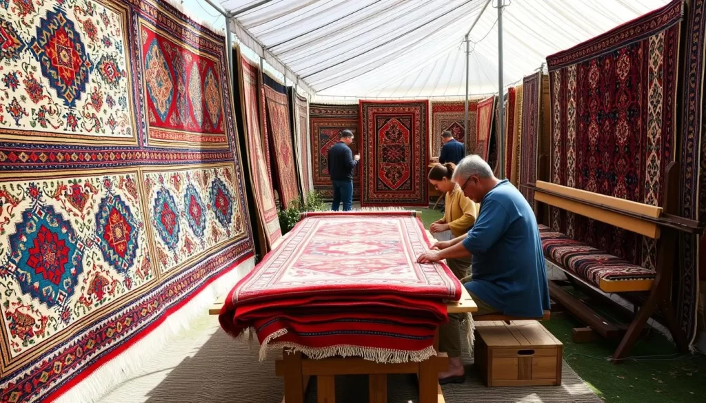 Generate an image of the Carpet Festival in Dilijan, featuring traditional Armenian carpets on display and weavers at work.