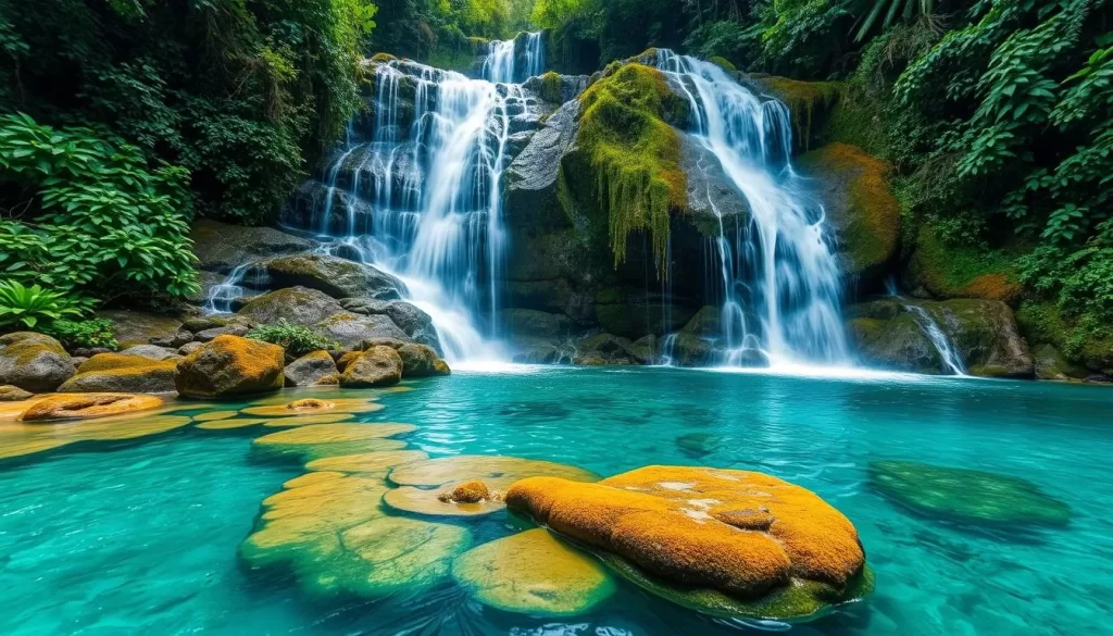 Generate an image of the Cascadas de Tamanique Waterfall with clear pools and lush surroundings.