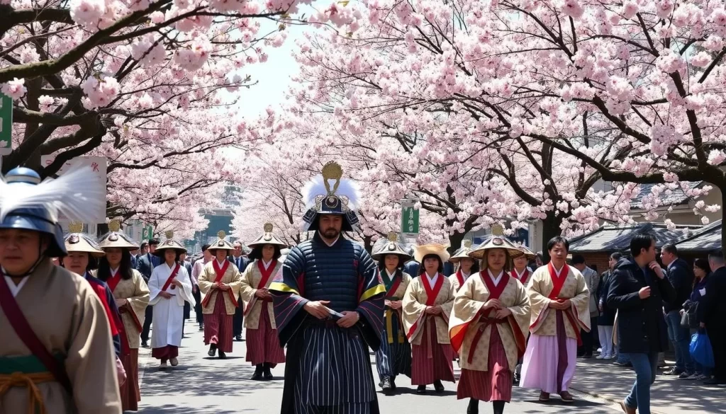 Generate an image of the Castle Town Obata Cherry Blossom Festival, with residents dressed in samurai garb parading through cherry blossom-lined streets.