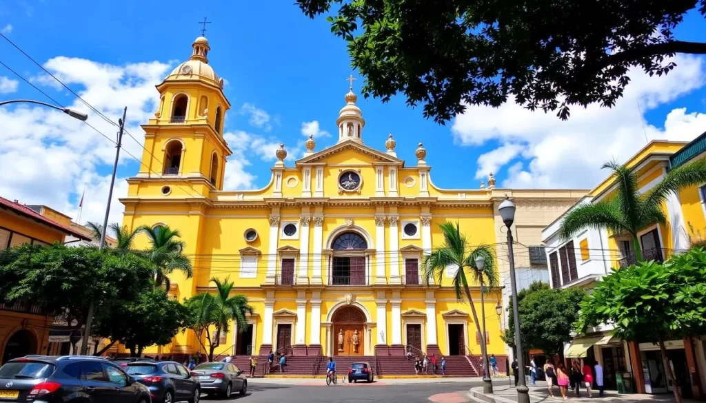 Generate an image of the Cathedral of Granada, Nicaragua, with its distinctive yellow façade and neo-classical architecture.